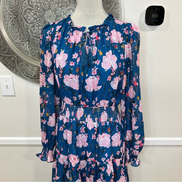 Jade - Melody Tam Blue Midi Dress with Pink Flowers - Gold Accents Size M - Picture 2 of 10